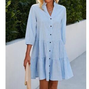 Love Kuza button front smocked flowy trendy mini  blue plaid